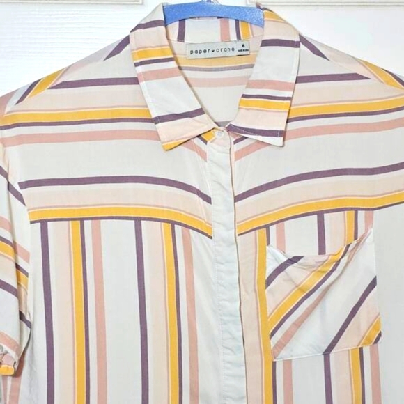 Paper‎ Crane Womens Medium Button Cropped Shirt Boxy Striped Pastel Retro Flowy - Picture 3 of 8